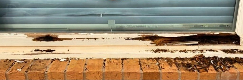 Close-up of severe timber sill rot before restoration