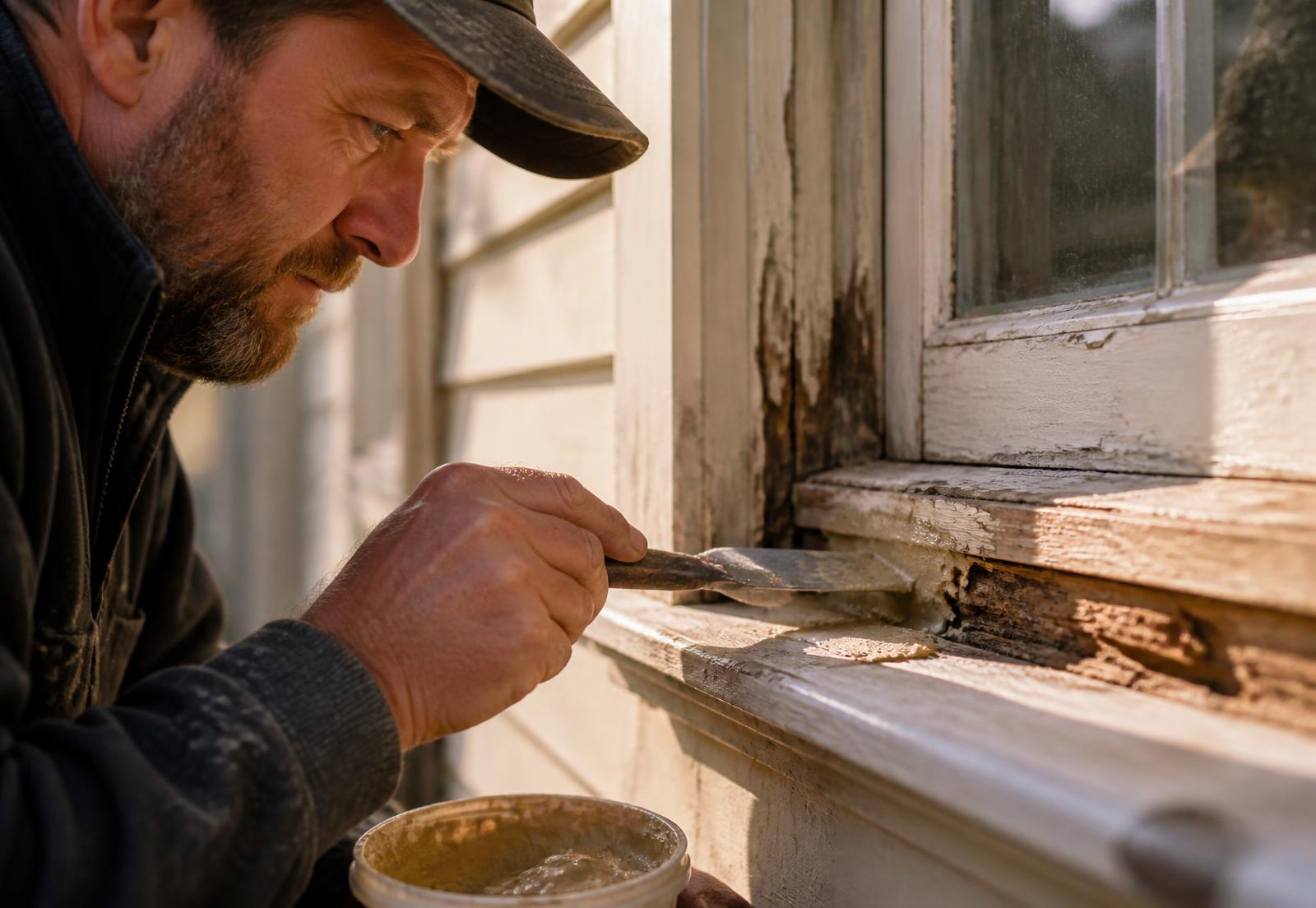 Craftsman repairing a rotted timber window frame